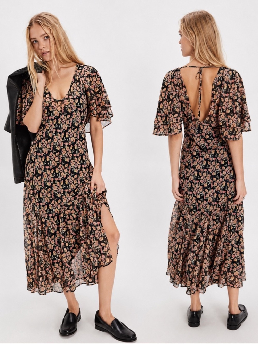 Free People Elisandra Midi Dress Floral Flutter V-neck Boho Vintage Inspired - Picture 2 of 9